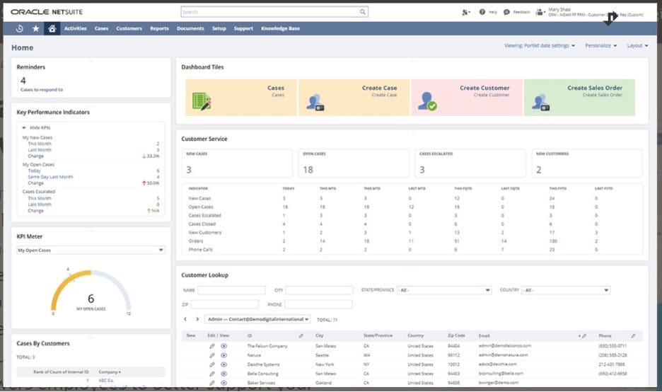 NetSuite CRM dashboard with the customer service