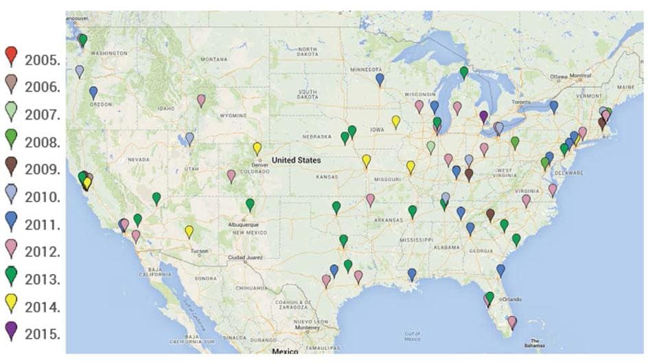 locations of accelerator in the US in 2014