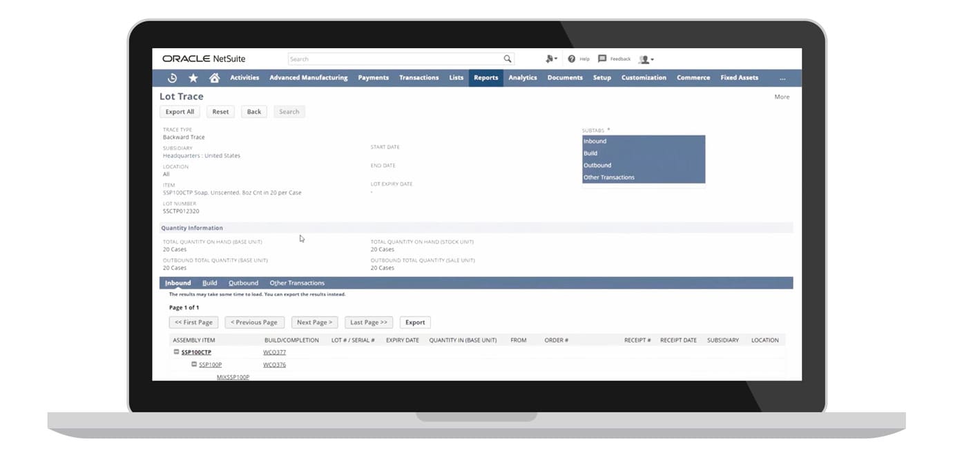 NetSuite tracing dashboard