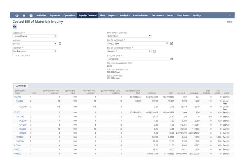bill of materials full inquiry