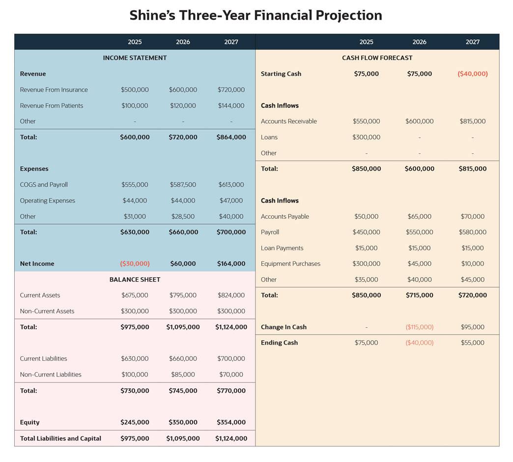 table shines three year financial projection