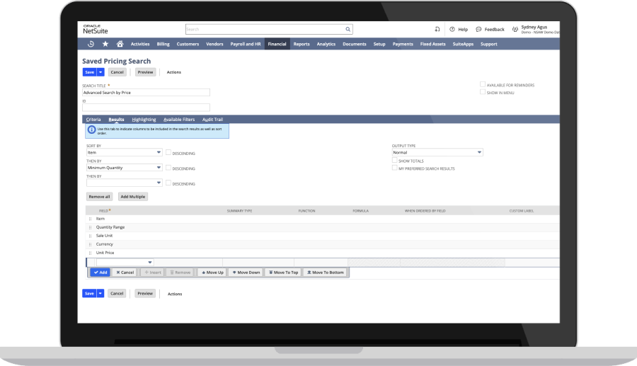 NetSuite Saved Search sample screen