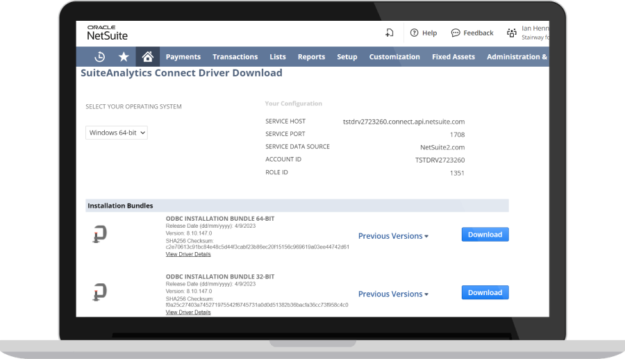 NetSuite SuiteAnalytics connect driver download page
