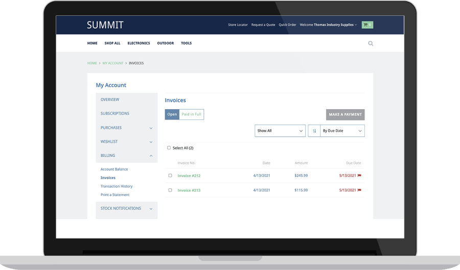 My Account - Invoices page