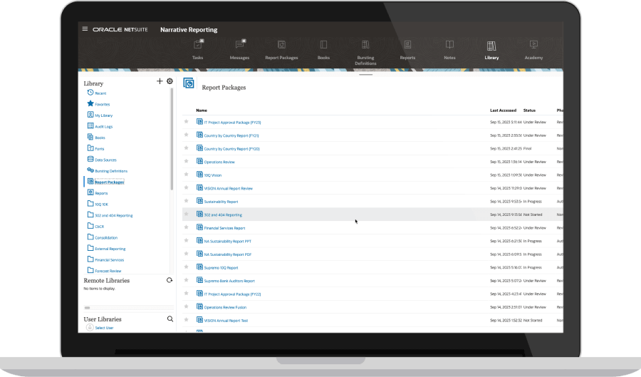 Narrative Reporting dashboard