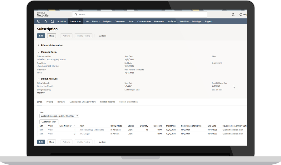 NetSuite Subscription Management Dashboard