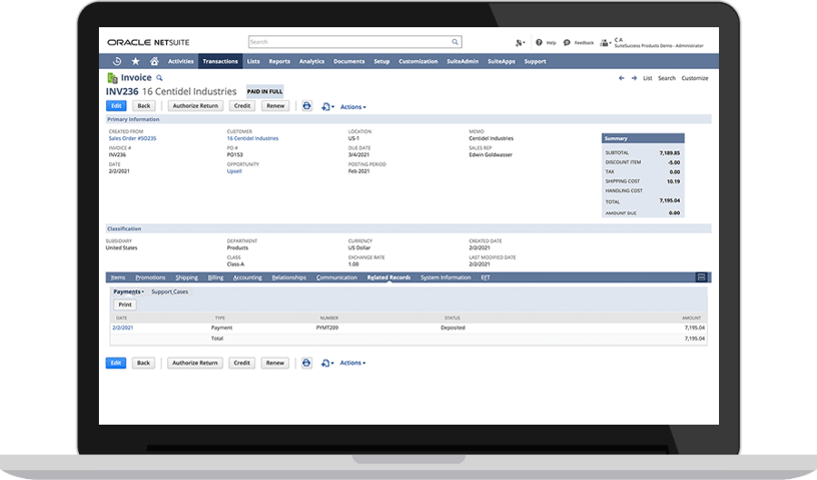 NetSuite Invoice Processing dashboard