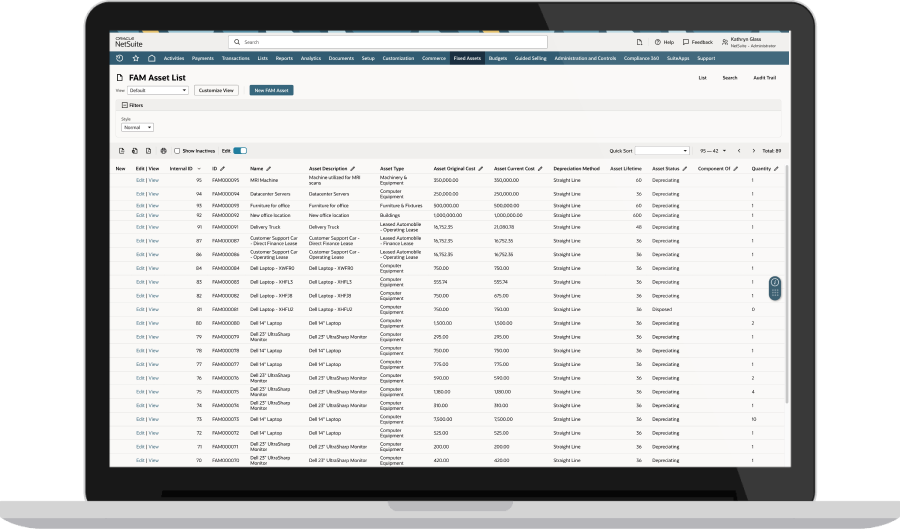 NetSuite Fixed Assets Management dashboard