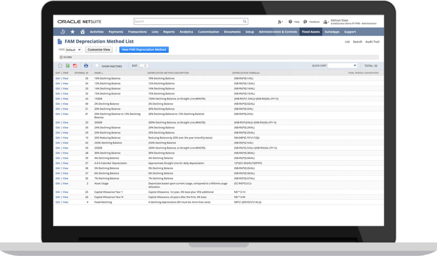 NetSuite Fixed Assets Management dashboard