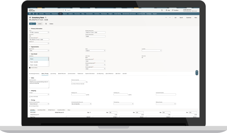 NetSuite Dashboard. Screenshot.