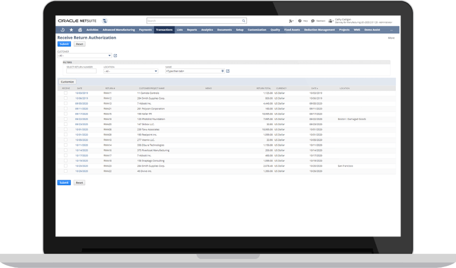 Return Merchandise Authorization Management dashboard on NetSuite.