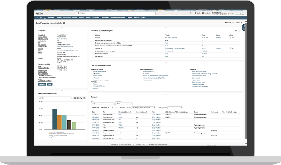 Painel de gestão de fornecedores do NetSuite | Dashboard Gestão de Fornecedores