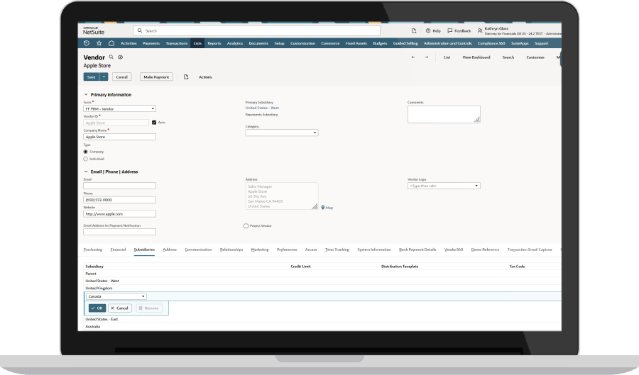 NetSuite Multi-Subsidiary Vendor page