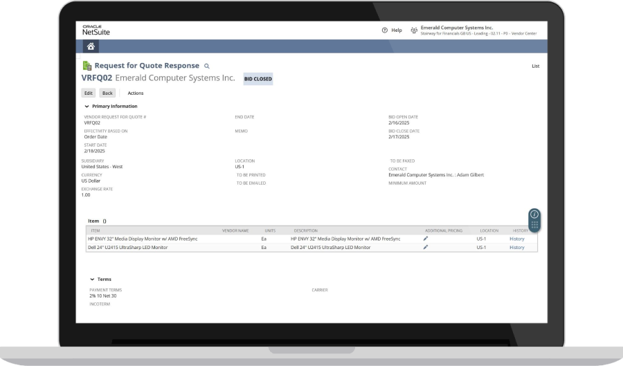 NetSuite vendor portal page