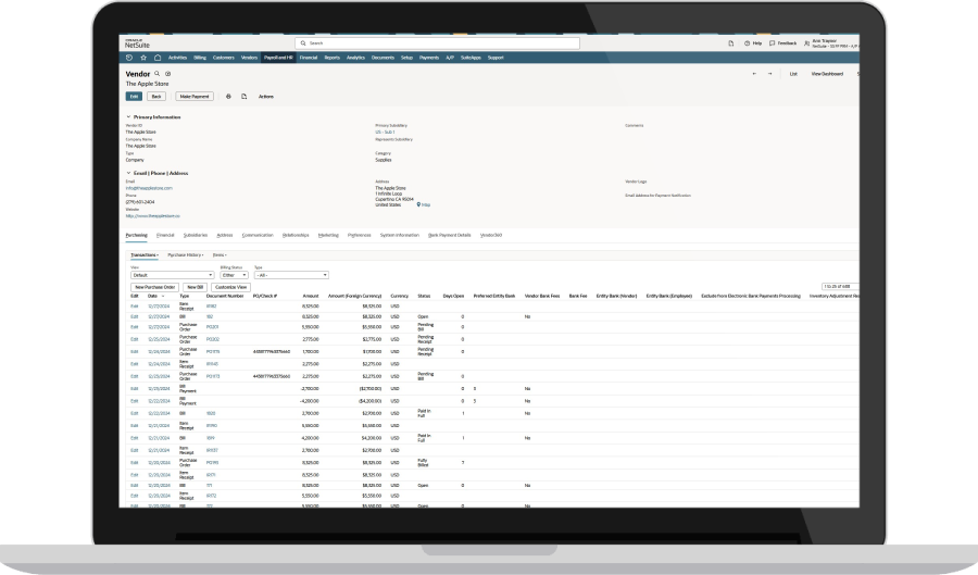 NetSuite vendor details page