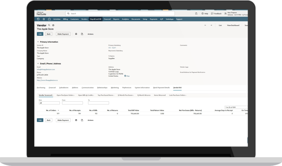 NetSuite vendor scorecard page