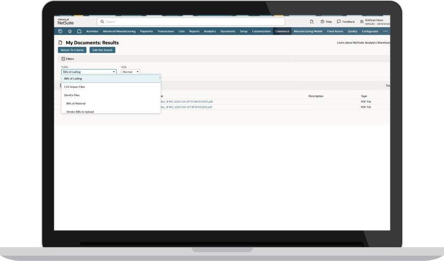 NetSuite My Documents results page