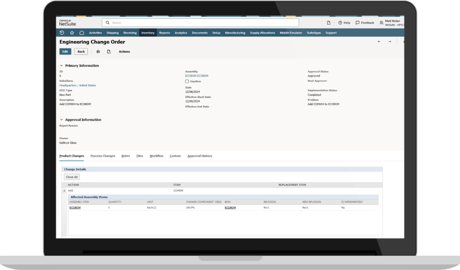 NetSuite Engineering change order form page