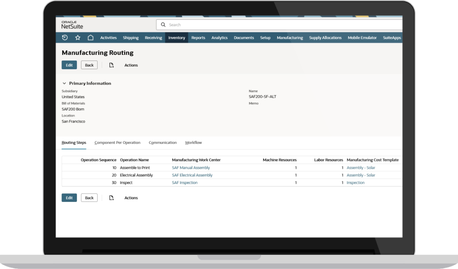 NetSuite Manufacturing routing page