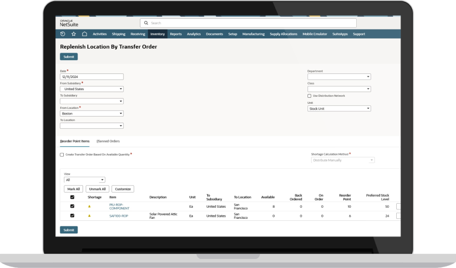 replenish location by transfer order dashboard