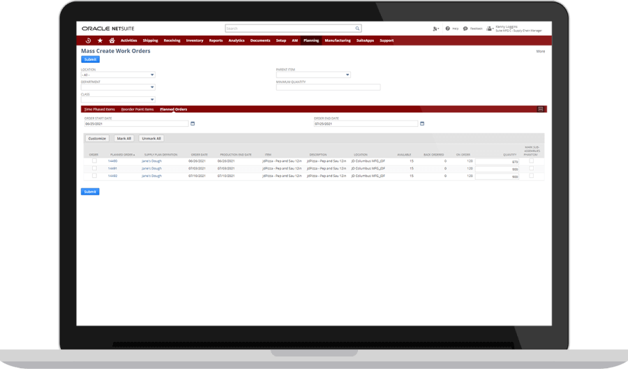 NetSuite mass create work orders - planned orders tab dashboard