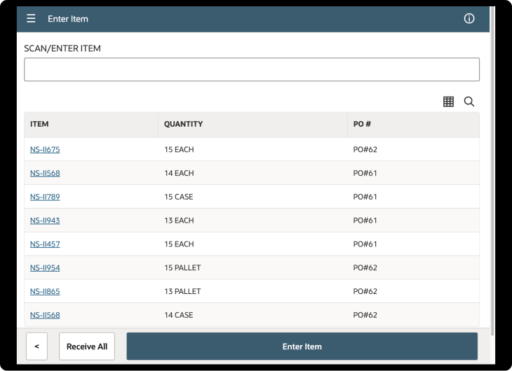 NetSuite scanned/entered items dashboard