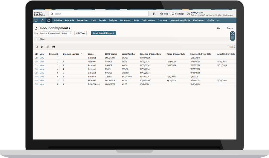 NetSuite Inbound shipment record dashboard