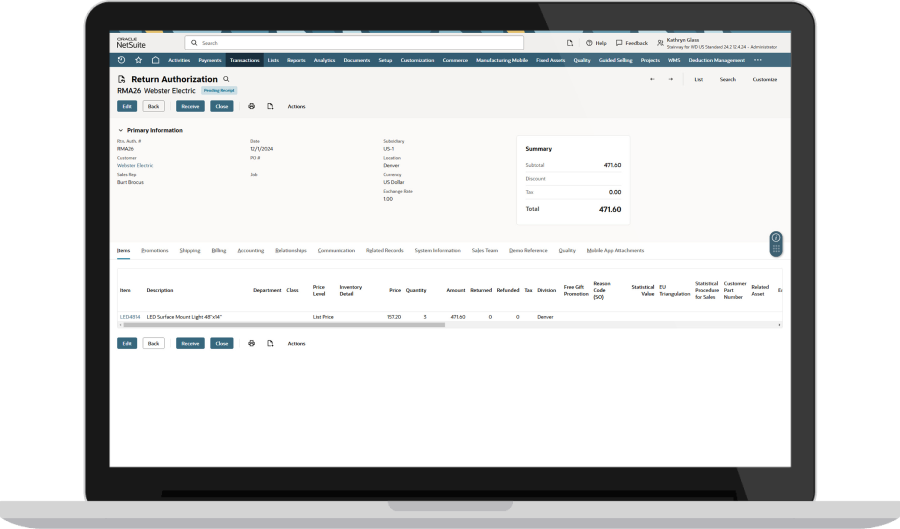 NetSuite return authorization dashboard