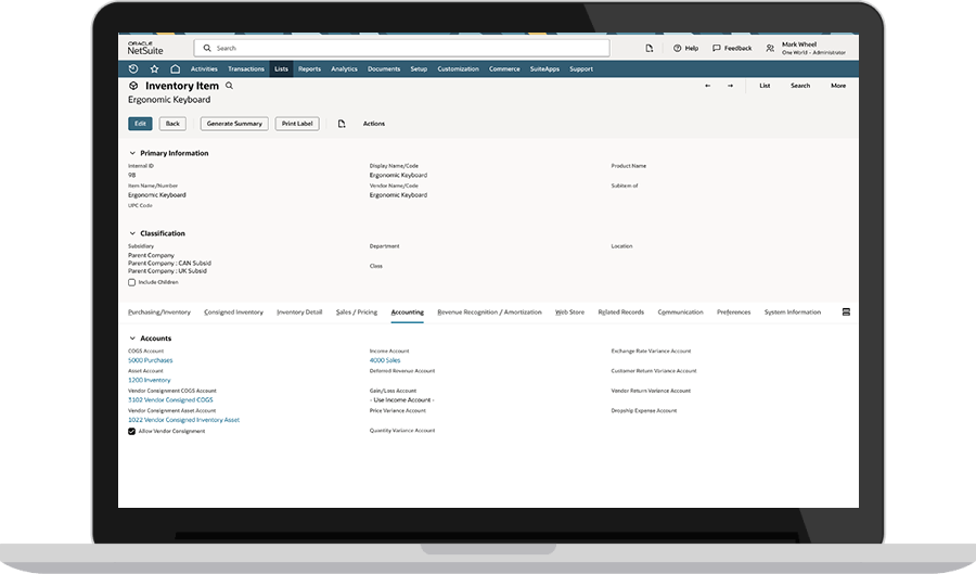 Consignment inventory dashboard