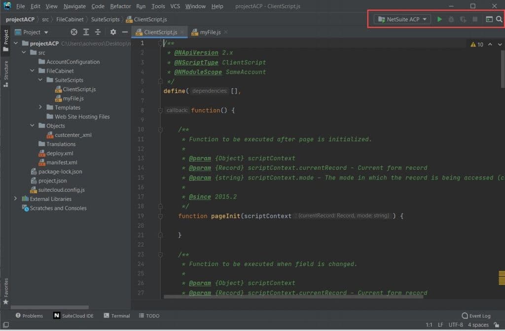 SDF Project in WebStorm IDE using the SuiteCloud Plug-in