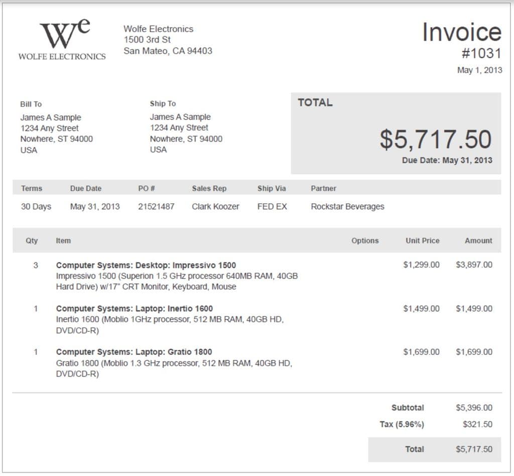 Example of a customized, branded Invoice based on the standard Invoice template 