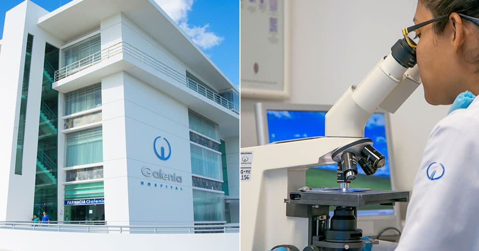 A split photo of Galenia Hospital beside a doctor looking through a microscope. 
