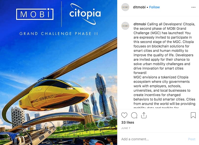 A post from MOBI's Instagram page showing imagery of future transportation methods promoting phase two of the company's grand challenge. 