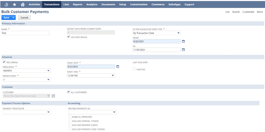 NetSuite bulk payment processing.