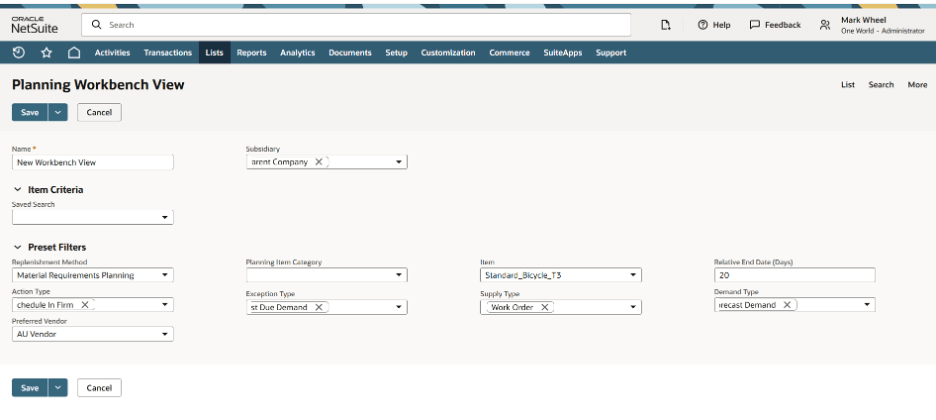 planning workbench view
